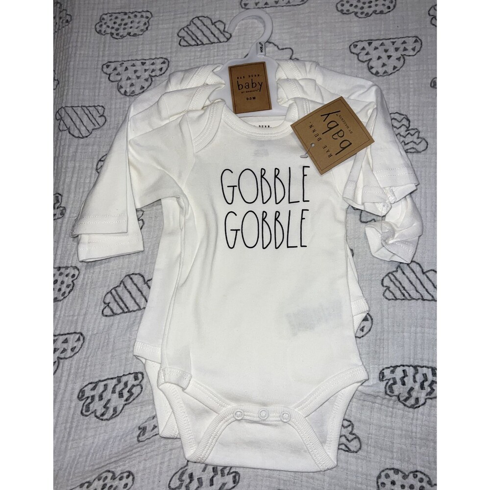 Rae Dunn NWT Baby Clothes 0-3 Months 3 Pack Bodysuits Gobble, Thankful, Blessed.